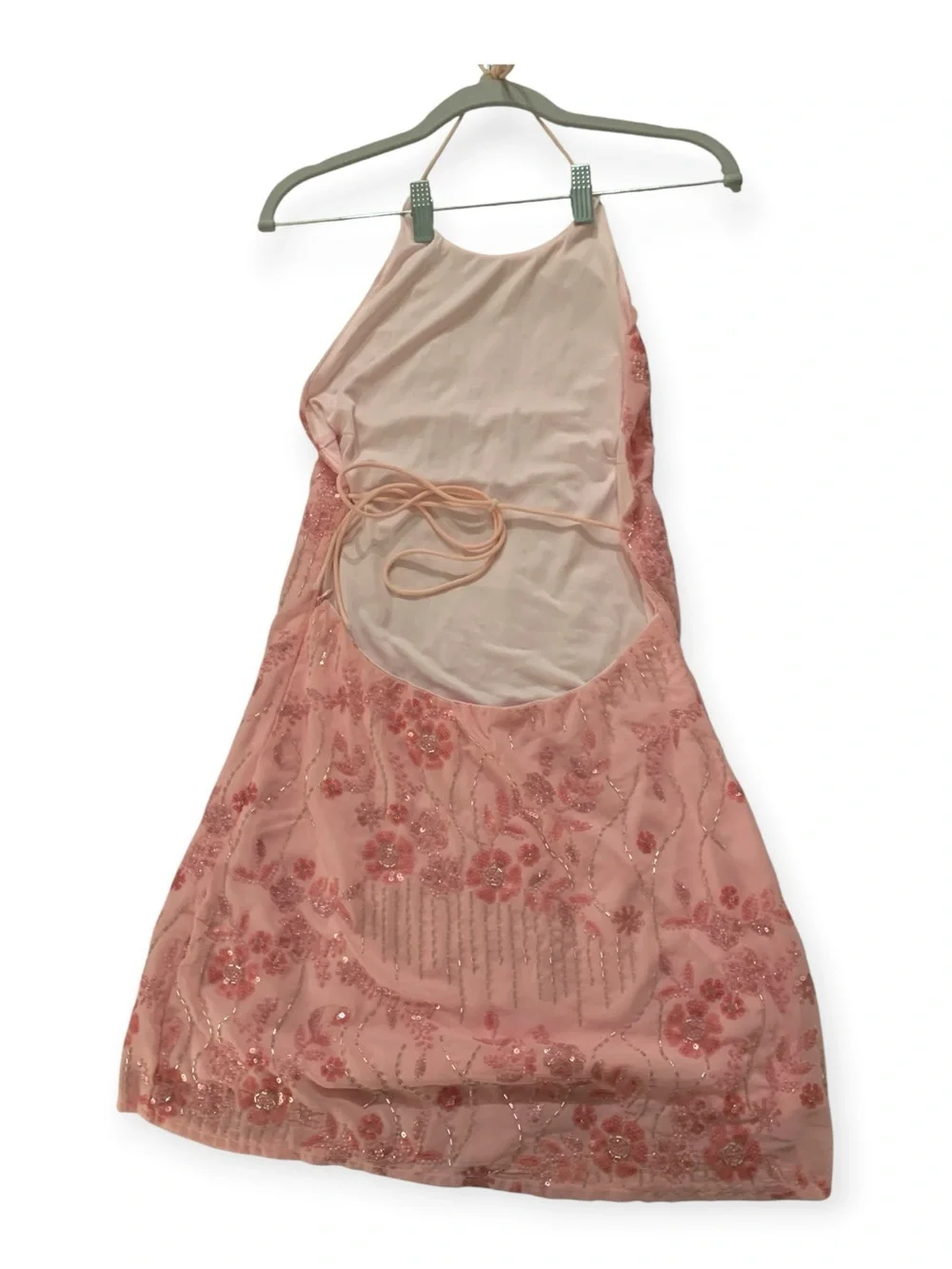 Pink Floral Beaded Halter Mini Dress